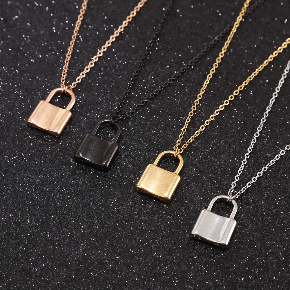 

4Style Top Quality Never Fade Stainless Steel Square Lock Pendant necklace Padlock charms Choker Necklace