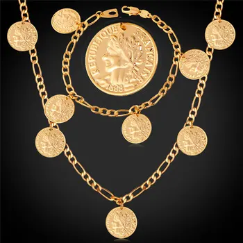 

Coin Necklace Bracelet Set For Women / Men Fashion Jewelry Vintage Figaro Chain Gold Color French Jewelry Set NH748