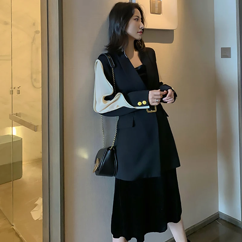 Greatest  [EAM] 2020 New Autumn Winter Lapel Long Sleeve Hit Color Split Joint Loose Temperament Jacket Women
