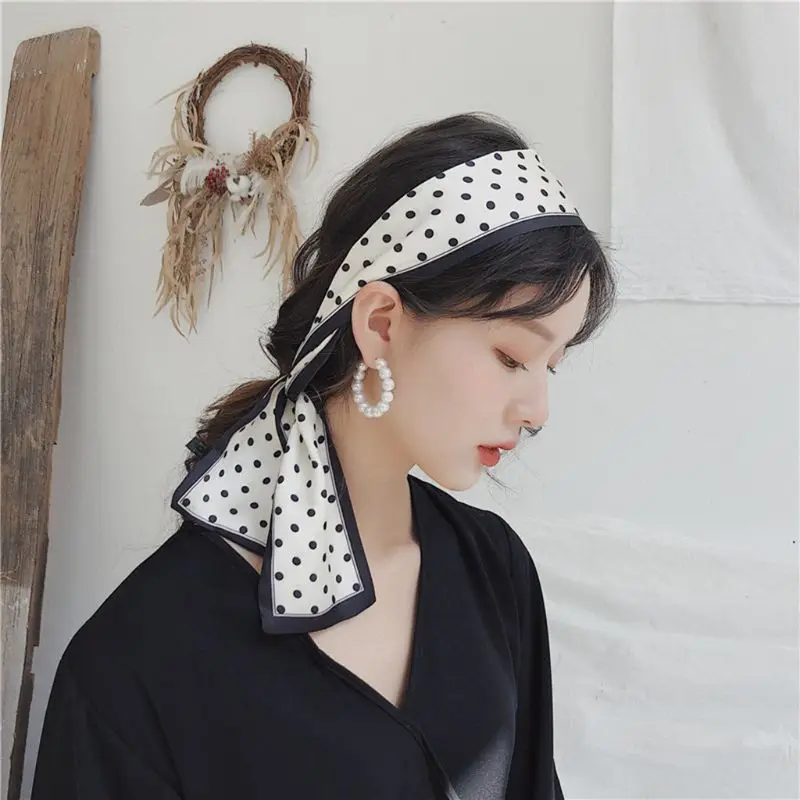 

Women Girl Decorative Neckerchief Headwrap Contrast Color Trim Polka Dot Retro Floral Long Scarf Imitation Handbag Wrist Ribbon