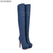 Женские синие джинсовые ботинки выше колена женская обувь до колена на тонком высоком каблуке 13,5 см джинсовые ботинки с бахромой большой размер 43