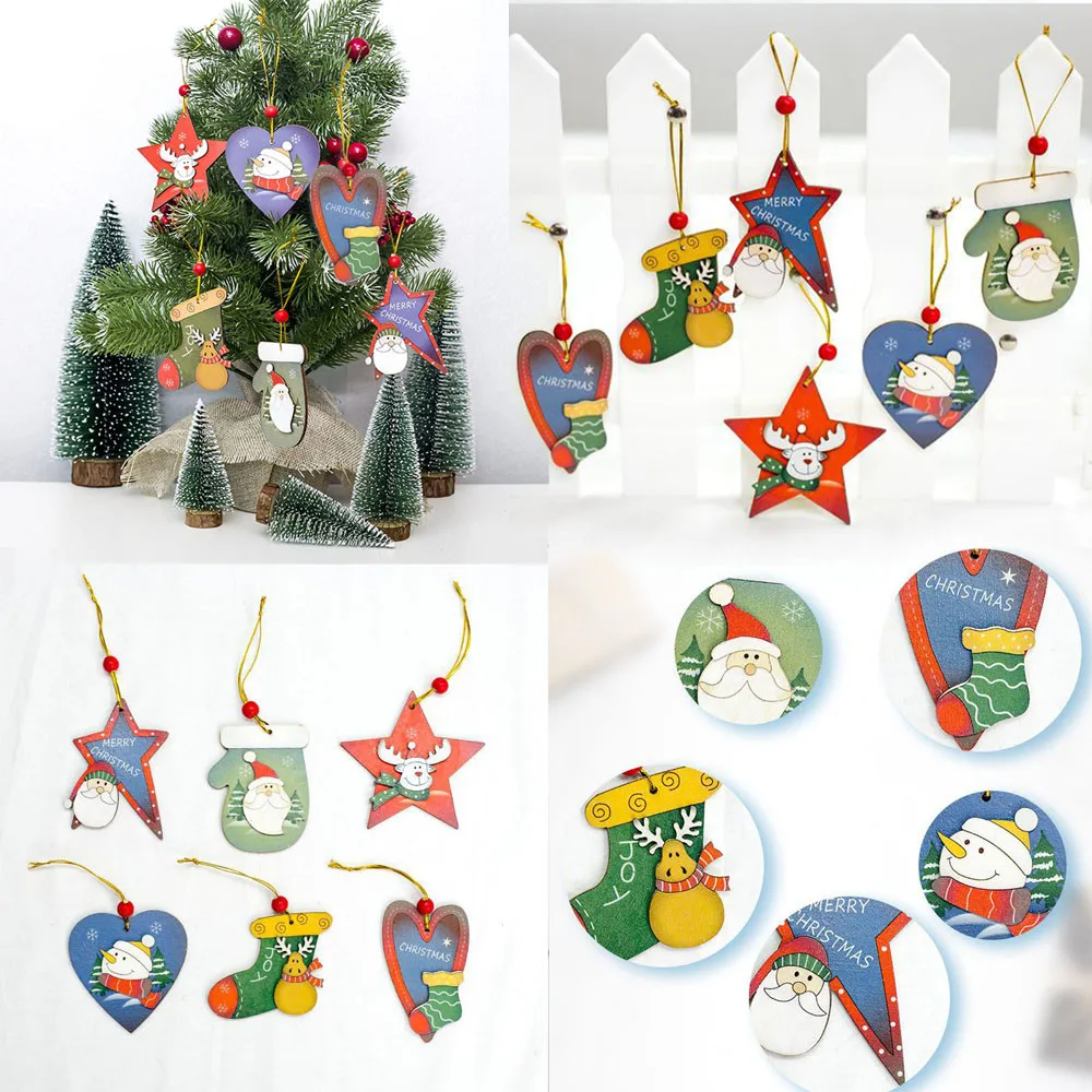 

1 PCS Santa Christmas Tree Wood Sleigh Pendant Gift Home Door Hanging Decoration Mini painted wooden sign navidad kerst @P2