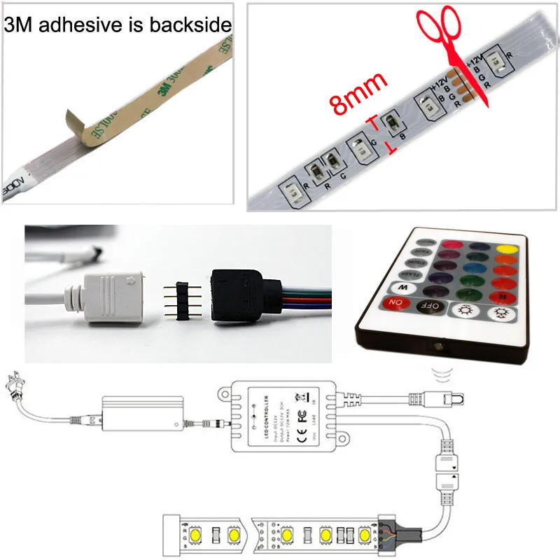 SMD 2835 RGB Светодиодные ленты лампы 5 м 10 м 15 м 60LED/M Декор светодиодные Клейкие ленты света не водонепроницаемый диод ленты 24 К контроллер DC12V адаптер Комплект