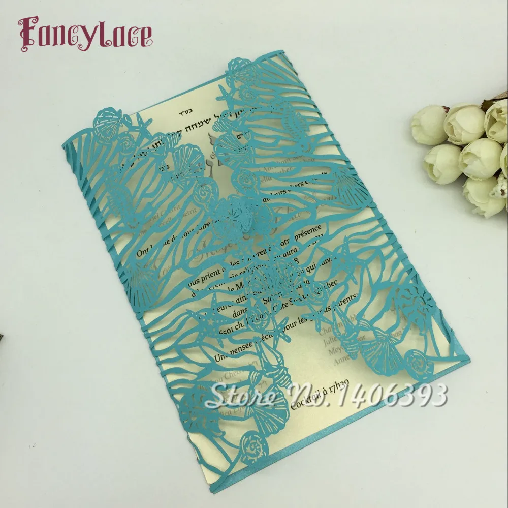 

30pcs Blue Seashell Wedding Invitations Cards With Hollow Out Rustic Laser Cut Invitation Card Flowers Elegant Party Invites