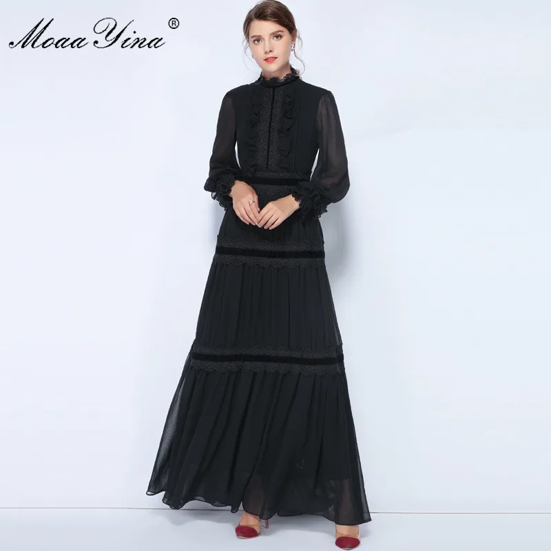 MoaaYina Fashion Designer Dress Spring Women Lantern Sleeve Lace Ruched Spliced Casual Elegant Party Chiffon Maxi Slim Dresses