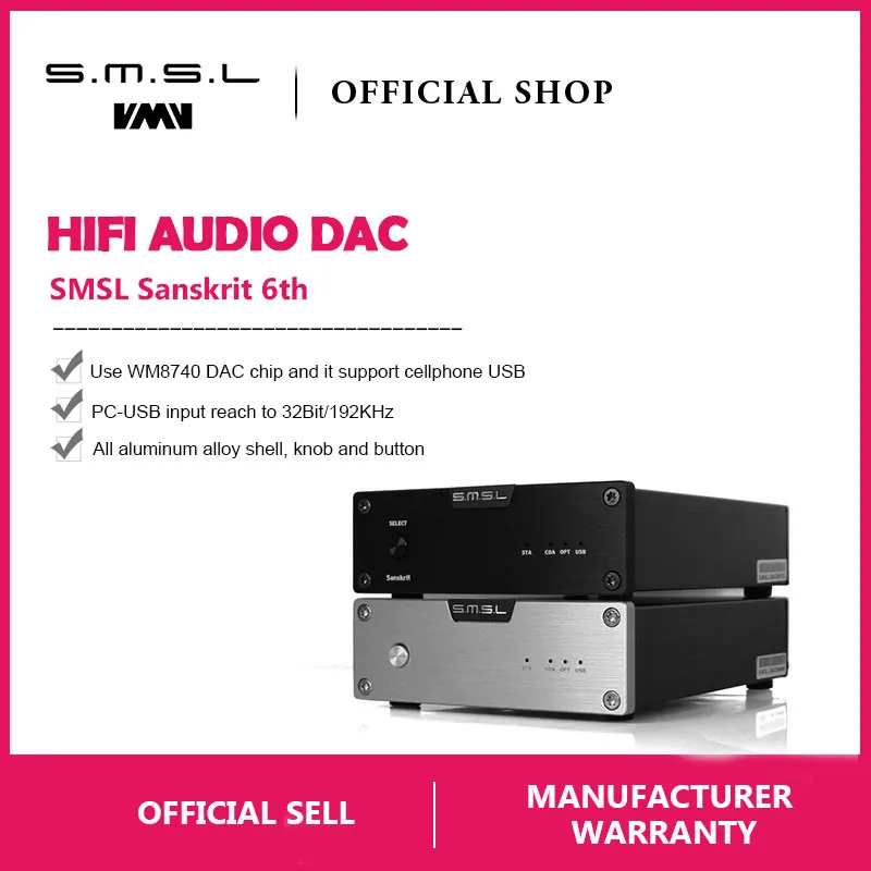 

SMSL Sanskrit 6th Anniversary Edition DAC Analog Audio Decoder 32bit/192kHz with USB Optical Coaxial Input Black Silver