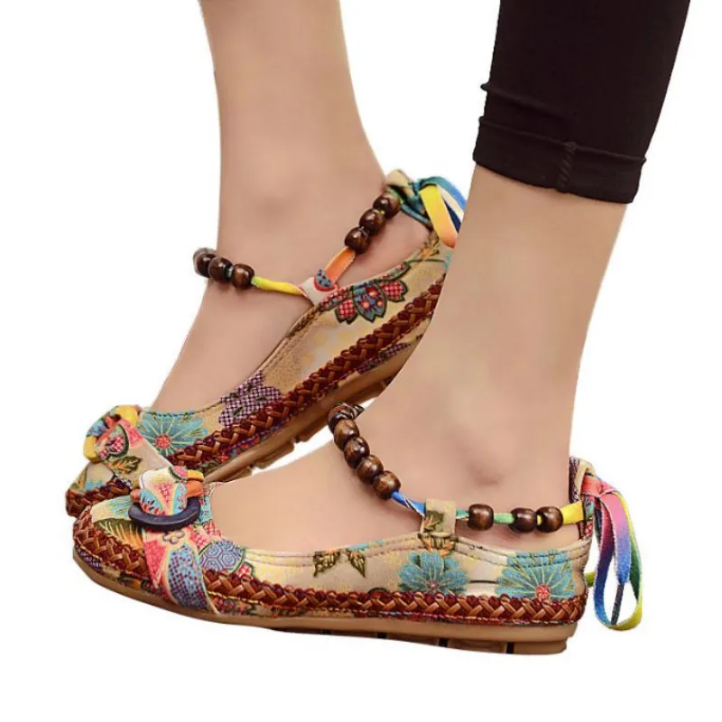 

2018 New Fashion Women Ethnic Lace Up Beading Round Toe Comfortable Flats Colorful Loafers Casual Embroidered Cotton Shoes