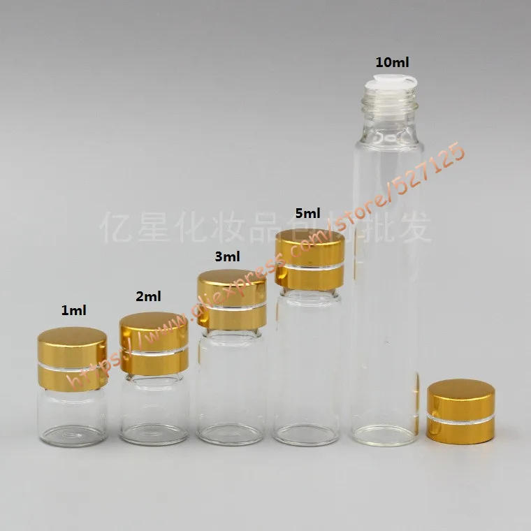 1 мл/2 мл/3 мл/5 мл/10 мл clear стеклянная бутылка с золотой алюминий крышкой (линия) + прозрачная пластиковая вставка, мини/эфирное масло/пробу