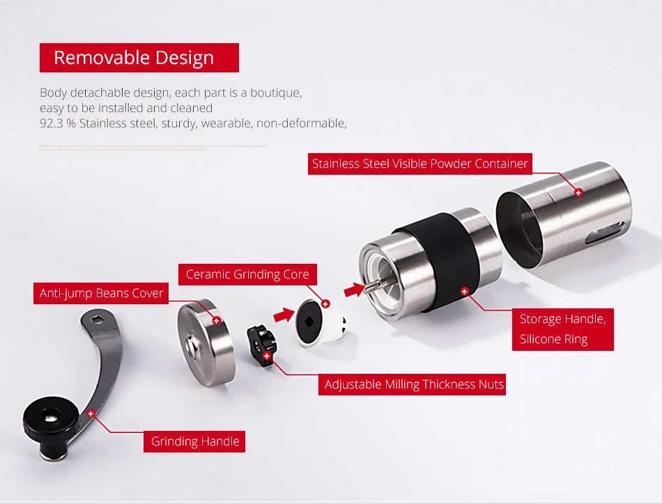 2 размера, ручная керамическая кофемолка из нержавеющей стали, регулируемая кофейная мельница с резиновым кольцом, легко моется, кухонные инструменты