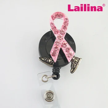 

5pcs/lot Bling Rhinestone Pink Ribbon shoe Badge Reel Retractable, nurse gift ID Badge Holder