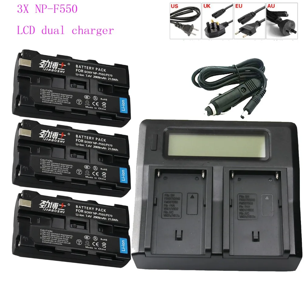 

3PCS 2900mAh NP-F550 NP F550 np f570 NPF550 Li-ion bateria+ LCD Display Dual Charger for Sony NP-F570 F530 CCD-SC55 CCD-TRV8