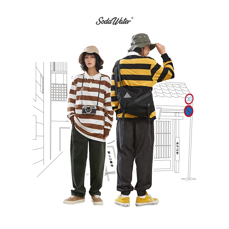 Skup SODAWATER mężczyźni Retro koszula w paski Harajuku luźne Turn Collar z długim rękawem T Shirt mężczyźni 2019 jesień bawełna para topy Tees 91504W