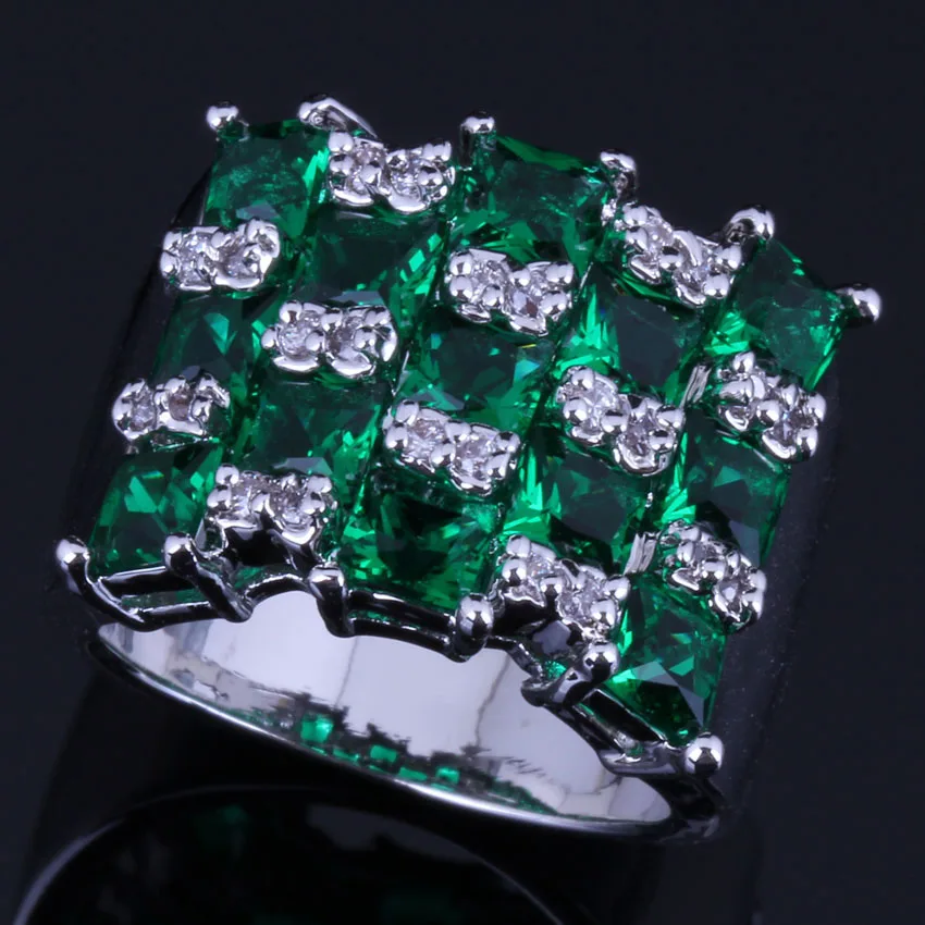 Wonderful Square Green Cubic Zirconia White CZ Silver Plated Ring V0580 | Украшения и аксессуары