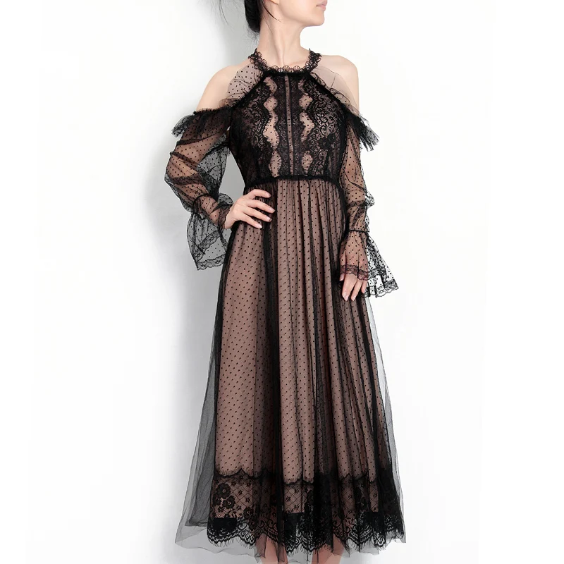 

New 2018 summer fashion women sexy cold shoulder cutout sleeve mesh dress pleated elegant party dresses top quality black lace