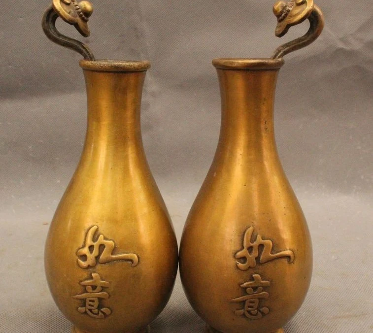 

9"Chinese China Feng Shui Bronze Lucky happiness Ruyi flower Vase Pot Pair