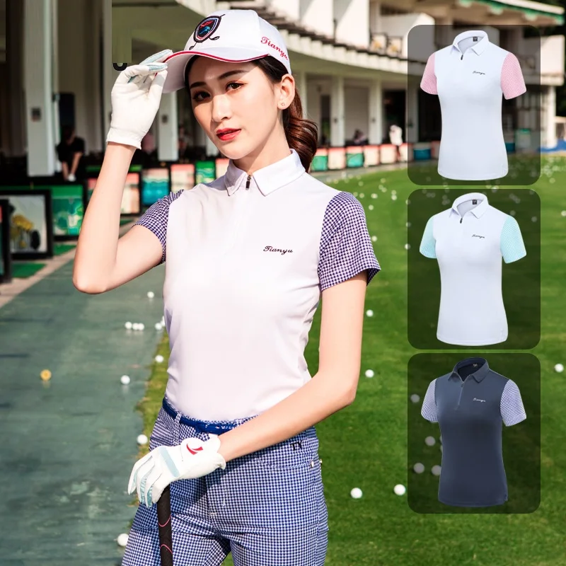Женские клетчатые рубашки для гольфа с коротким рукавом, дышащие теннисные топы для девушек, быстросохнущие футболки для гольфа с принтом в клетку D0692