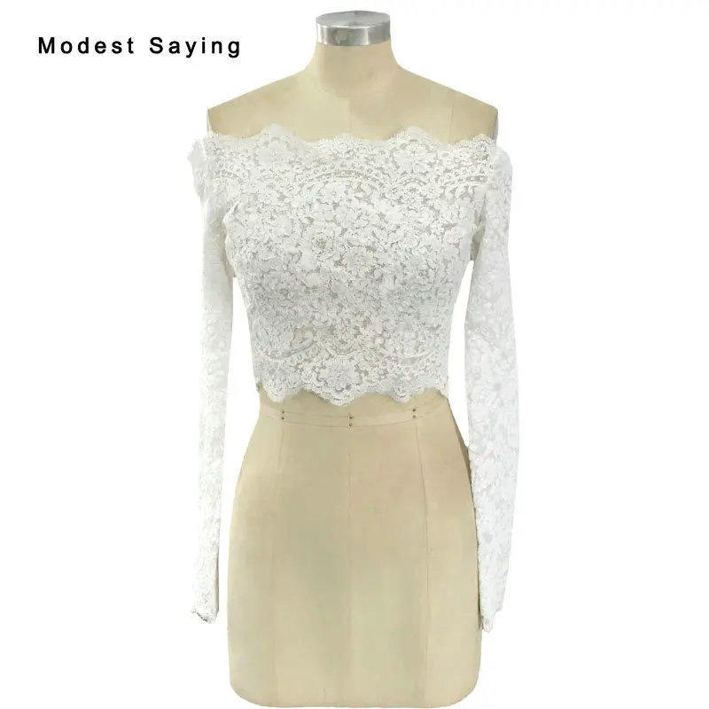 

Real Elegant Off Shoulder Ivory Long Sleeve Lace Wedding Boleros 2017 Lace Up Bridal Cape Jackets Shawl Wedding Accessories B103