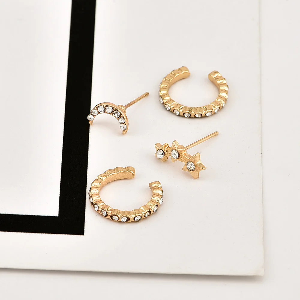 4PCS/Set Trendy Small Round Ear Cuff Earrings for Women GoldStar Moon Rhinestone Clip Earrings Women Elegant Jewelry wholesale