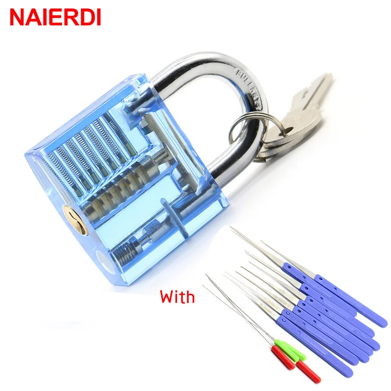 

NAIERDI Transparent Visible Practice Padlock Lock Pick Set Locksmith Tools With Blue Lock Broken Key Removing Hooks Lock Hardwar