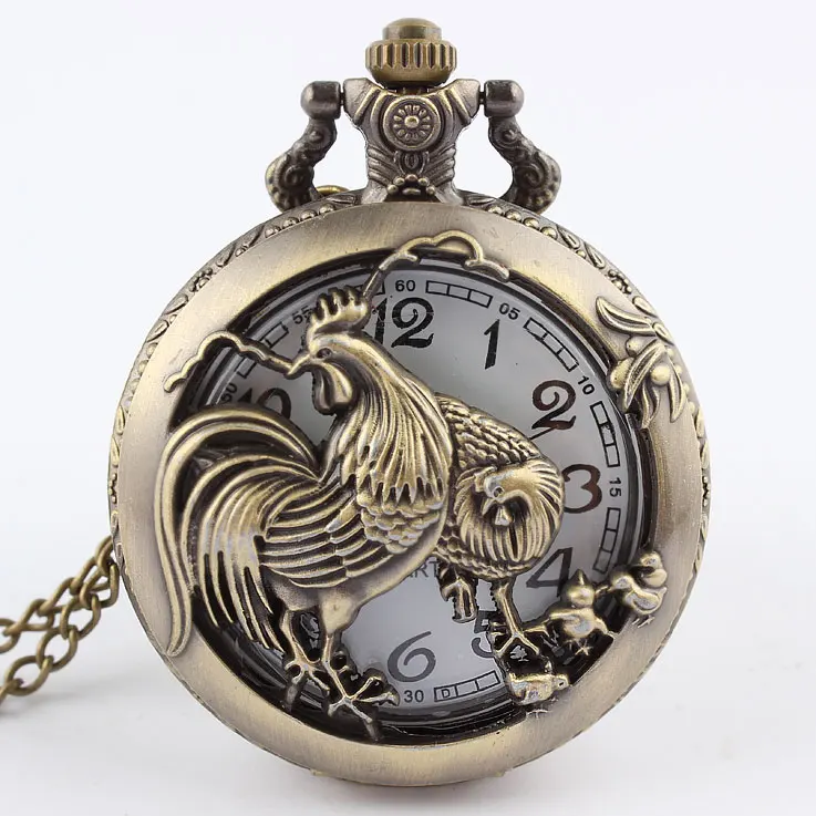 

Hot Chinese Zodiac 12 Bronze Rooster Hen Hollow Quartz Zodiac of Chicken Pocket Watch Necklace Pendant Carving Brown GIfts P246