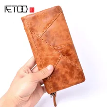AETOO Original handmade wallet men retro patchwork wallet first layer of leather clever long paragraph zipper female men Vintage aetoo original retro wrinkled leather vertical wallet men s short paragraph the first layer of leather wallet zipper small card