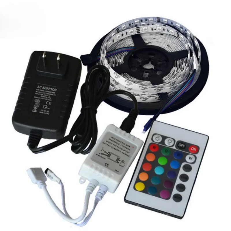 

5M SMD 3528 300 Non-Waterproof LED RGB Strip Flexible Light 24 Key IR Remote + Power Adapter DC12V