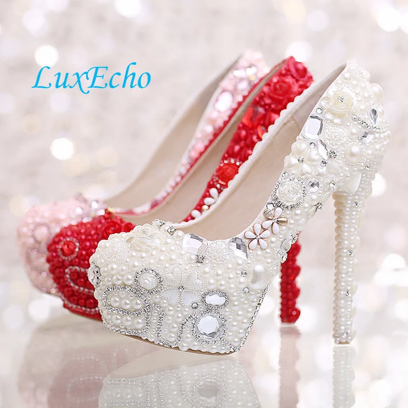 Новинка г. красные свадебные туфли с жемчугом, обувь на платформе и каблуке, женская обувь, светло-розовые женские туфли-лодочки