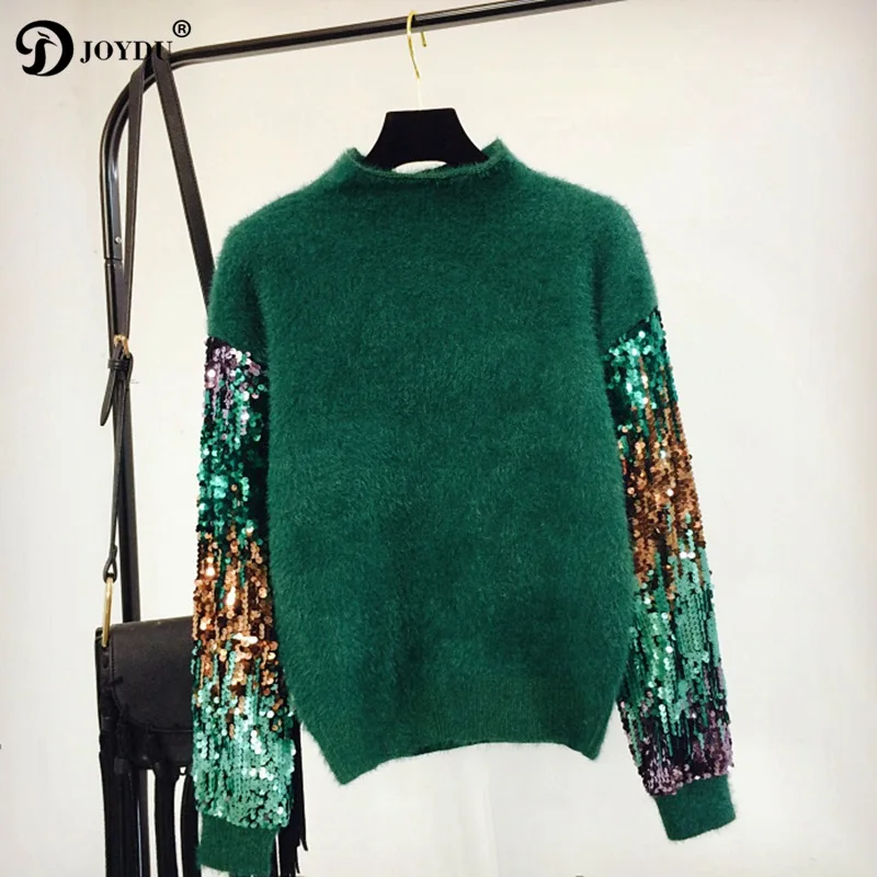 

JOYDU 2018 Korean Winter Lady's Sweater Sequins Long Sleeve Patchwork Pullover Fashion Mohair Turtleneck Knitted Sweaters Women