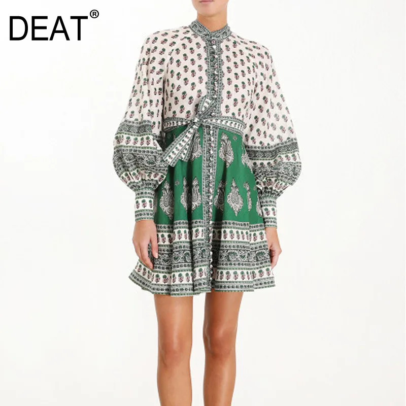 

DEAT 2019 new summer fashion women clothes round neck vintage Vacation lantern sleeves linen flower printed dresses WG84206L