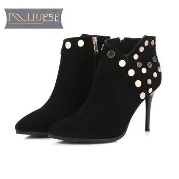 

MLJUESE 2018 women boots cow suede zippers black color pointed toe thin heel high heels autumn spring ankle boots size 34- 42