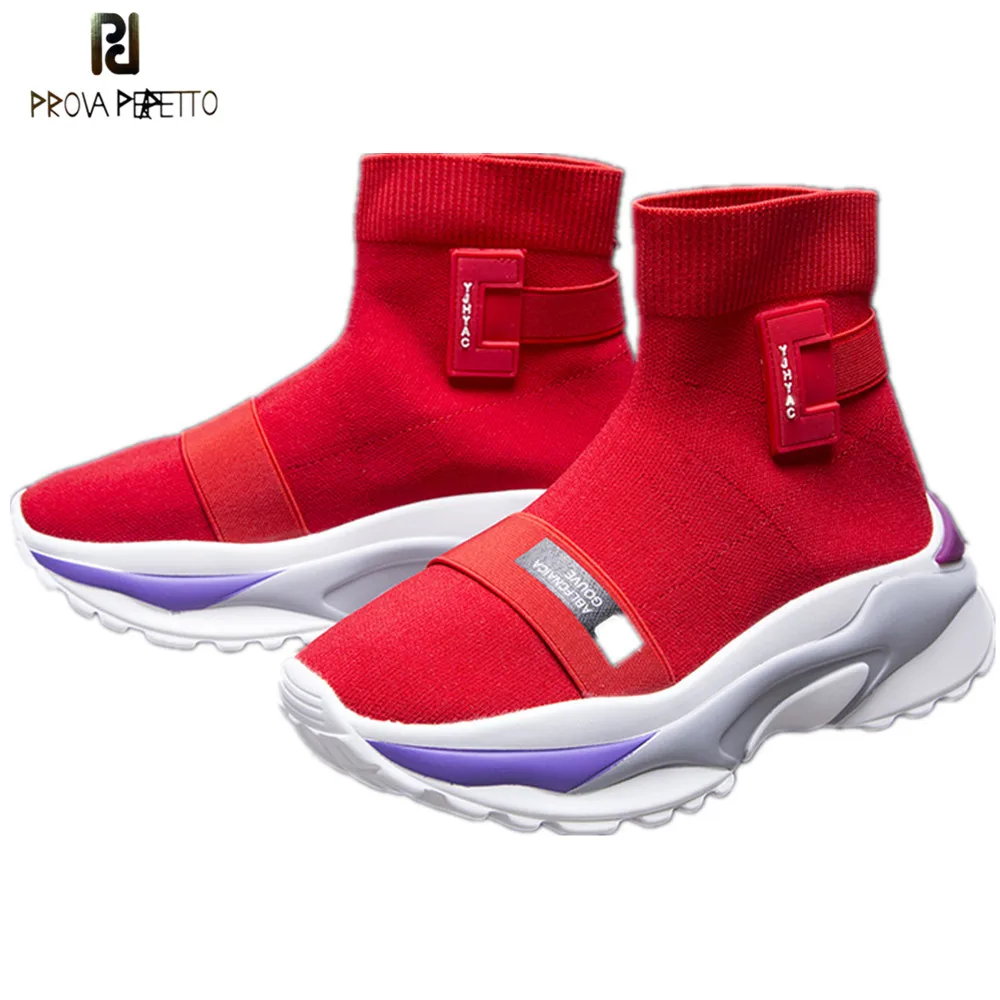 

Prova Perfetto New Fashion Soft Bottom Flexible Sock Ankle Boots Women Breathable Stretch Fabric Socks Shoes Woman Casual Shoes