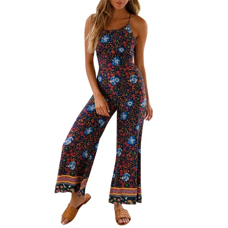 Bohemian Jumpsuit Women Printed Floral Wide Leg Pants Long Jumpsuit