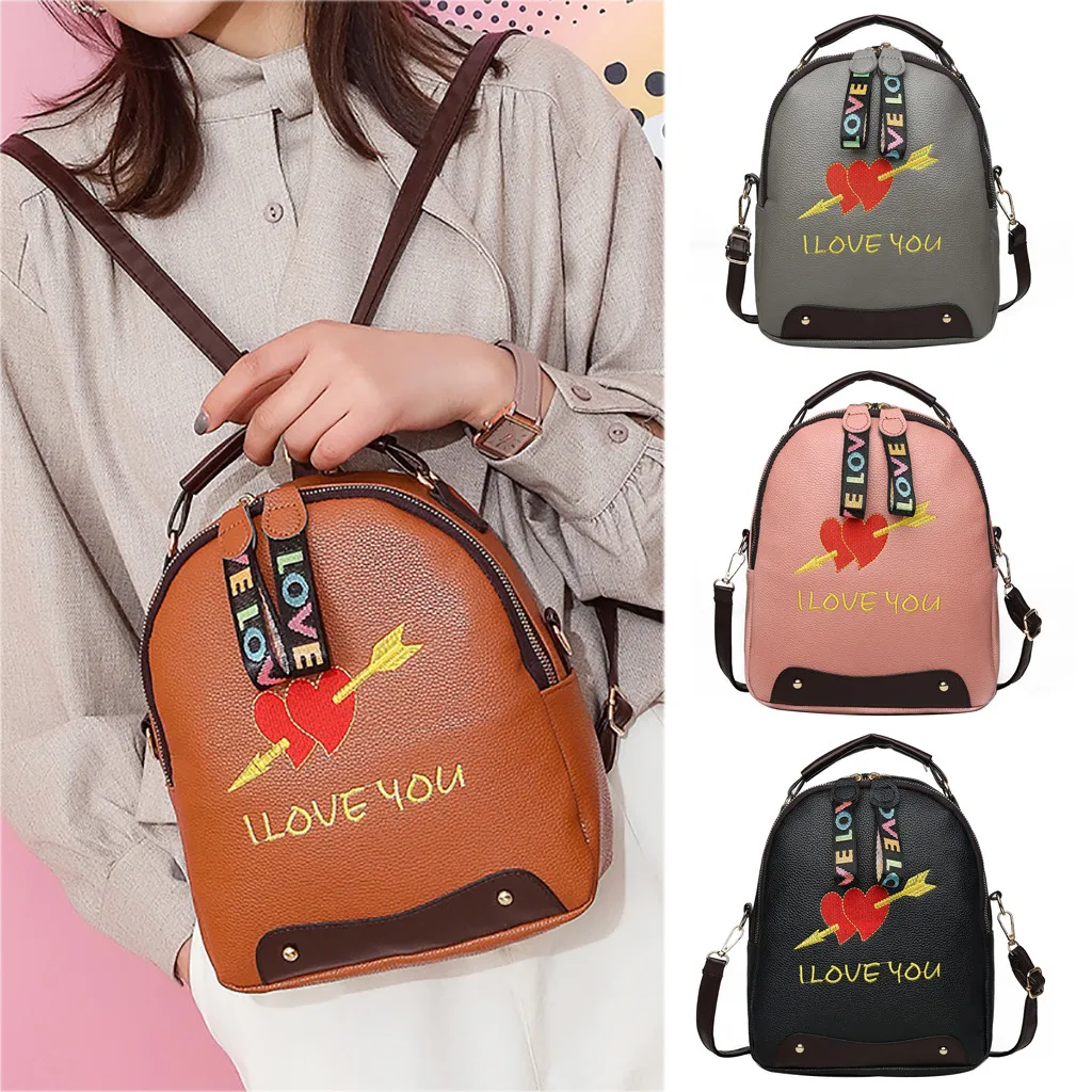 

Women Backpack Expression Embroidery Style PU Leather Joker Crossbody Shoulder Bag Multi-function Backpack Student Bag