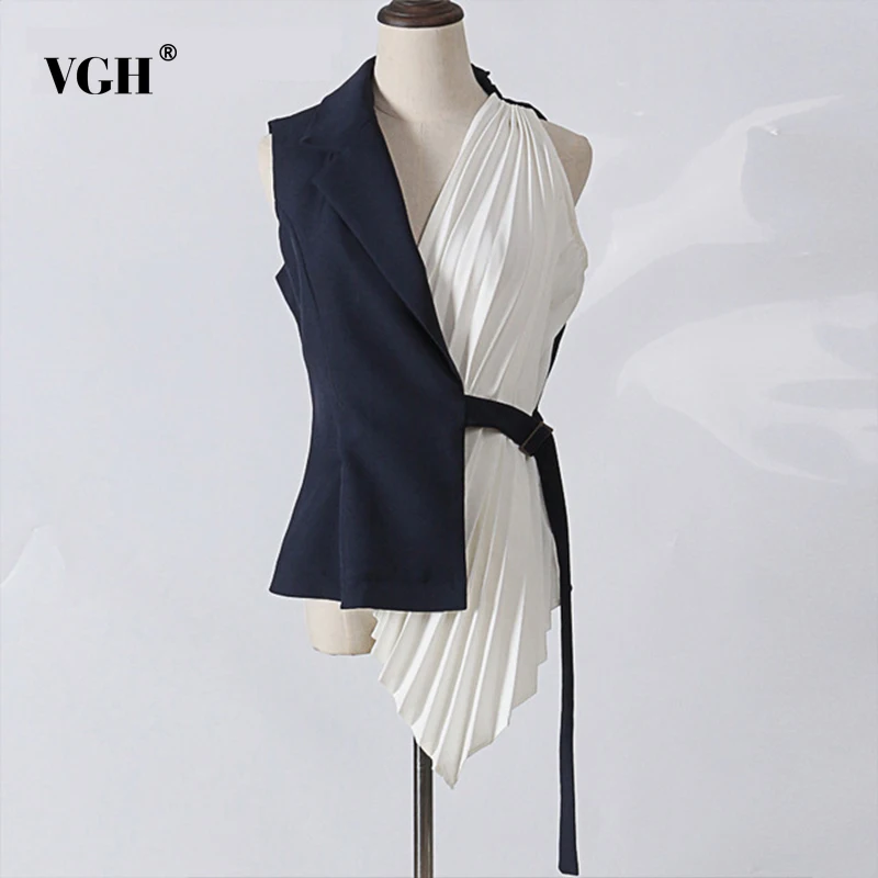 

VGH 2019 Summer Women's Vest Irregular Patchwork V Neck Top Cotton With Bandage Women Vest Fashion New Tide