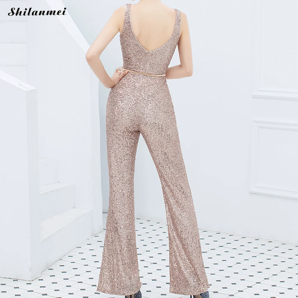 Sparkly Sequined Sequined Women Summer Sexy Deep V-Neck Club Party Long Playsuits Sleeveless Backless Elegant Romper Femme