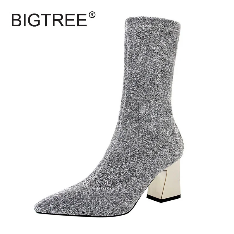 

BIGTREE New Women's Fashion Bling Fabric Ankle Boots Sexy Pointed Toe Middle Height High Heels Autumn Winter Boots Size 34-40