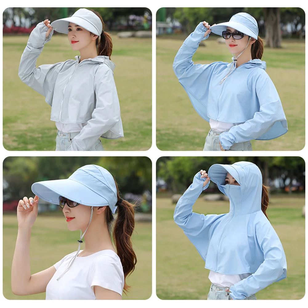 Outdoor Sun Protection Clothing Women Head Net Face Protector Long Sleeve Clothes with Wide Brim Sun Hat Detachable Cap