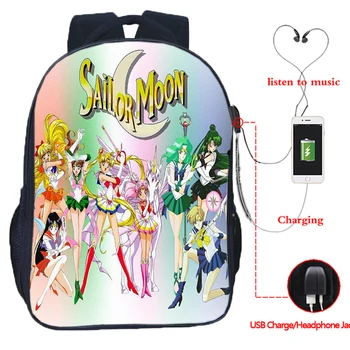 

Sailor Moon USB Charge Knapsack Students Boys Girls School Backpack Tsukino Usagi Travel Shoulder Rucksack for Teens Women