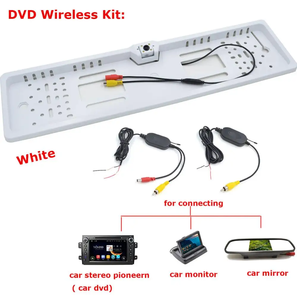 Беспроводная Автомобильная камера заднего вида, ЕС, номерная пластина, рамка, обратная камера, светодиодный, ночной, Vison, Парктроник, парковочная камера для автомобиля, монитор - Название цвета: DVD wireless white
