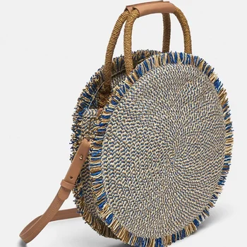 

Wallike 2019 Fashion Women Handbag High Quality Straw Bag Lady Beach Woven Bag Round Tote Fringed Beach WovenShoulder Travel Bag
