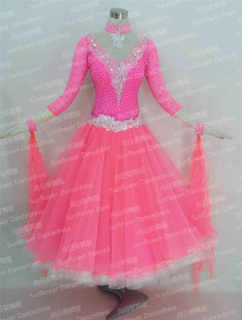 

GOODANPAR Women Long Sleeve Lycra Ribbon Ballroom Dance Competition Dress With Bra Leotard Standard Waltz Foxtrot Costume