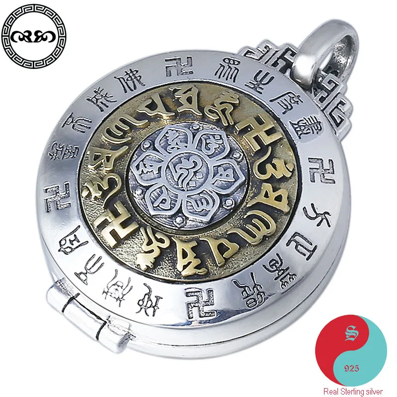 

Tibetan Real 925 Silver Sterling Necklace buddhism buddha lotus swastika Photo frame Amulet six-word mantra pendant necklace