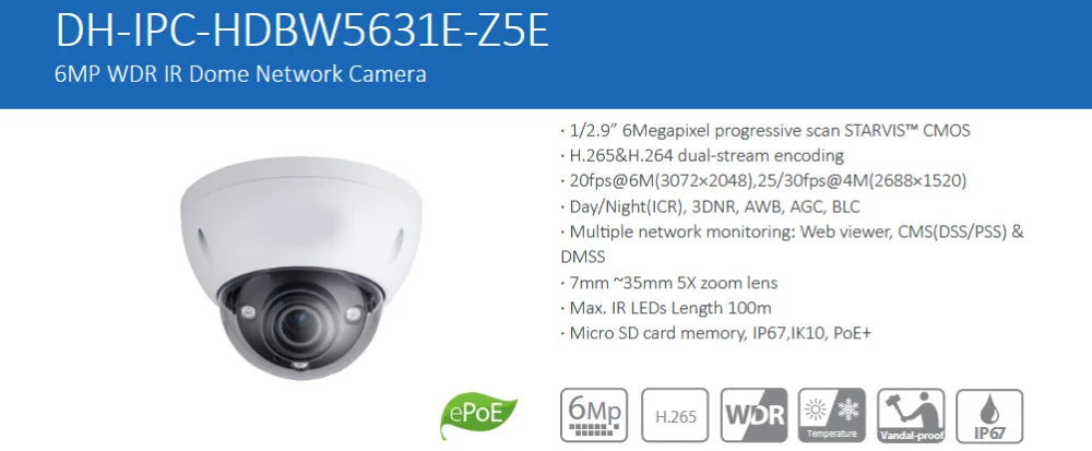 Новая DH 6mp ip-камера IPC-HDBW5631E-Z5E WDR IR купольная сетевая камера с поддержкой sd-карты H.265 7 мм-35 мм 5X зум-объектив IR 100 М камера