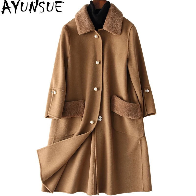 

AYUNSUE Winter Jacket Women 80% Wool Coat Female Lamb Fur Collar 2019 Fashion Double-side Wool Ladies Coats Pearls 38060 WYQ1420