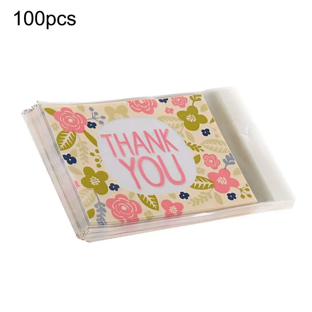 

100 Pcs Candy Bag Flowers Leaf Printing PatternParty Sealing Candy Biscuits Self-adhesive Wrap Baking Bag Wedding Supplies