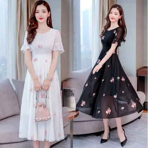 Женское длинное шифоновое платье Boho белое пляжное с цветочной вышивкой и v