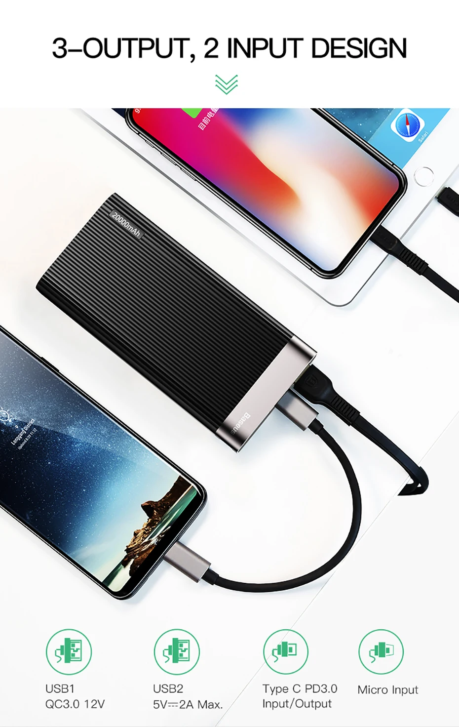 Baseus 20000 мАч Внешний аккумулятор для iPhone huawei, внешний аккумулятор usb type C PD+ быстрое зарядное устройство 3,0, быстрая зарядка, внешний аккумулятор