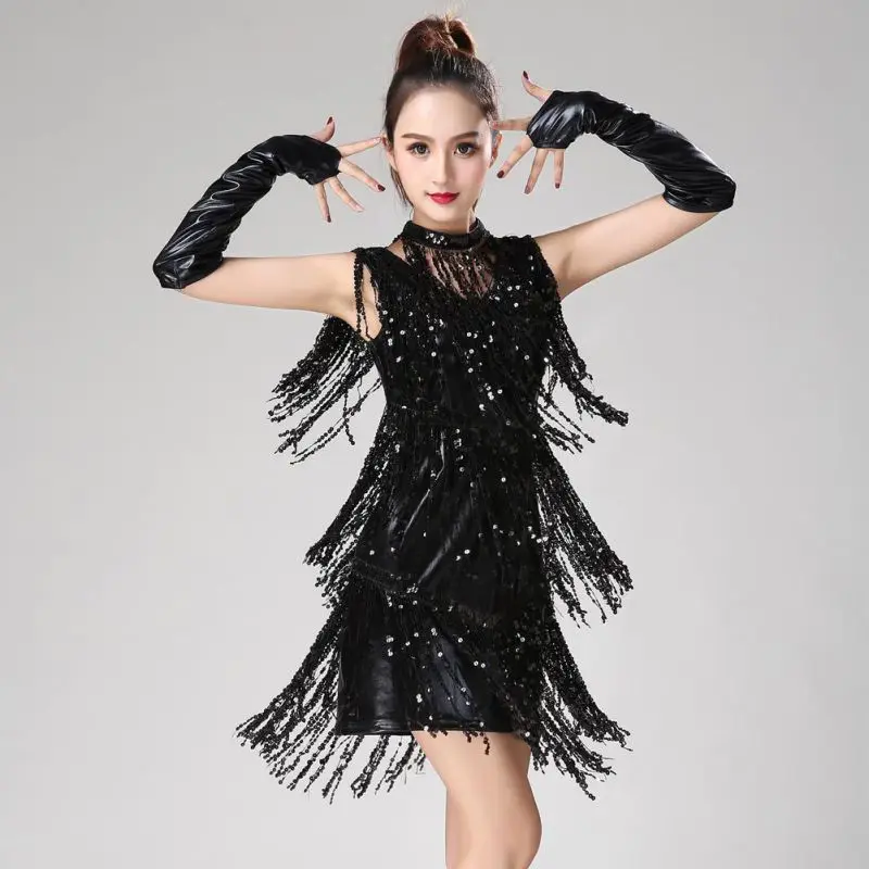 Ча-Сальса, платье для латинских танцев, женское платье с блестками и бахромой, танцевальный костюм