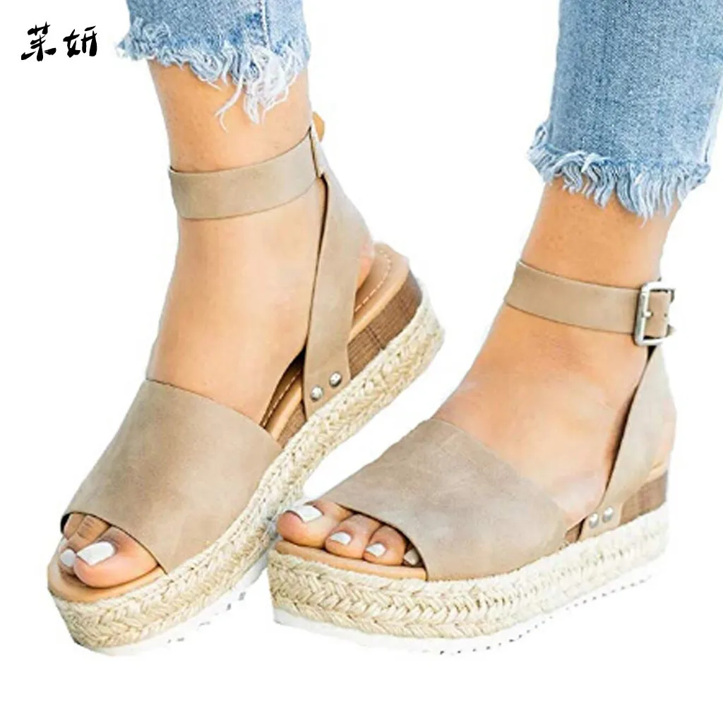 

Summer Sandals Shoes Woman 2019 Zapatos De Mujer Casual Women's Rubber Sole Studded Wedge Buckle Ankle Strap Open Toe Sandals