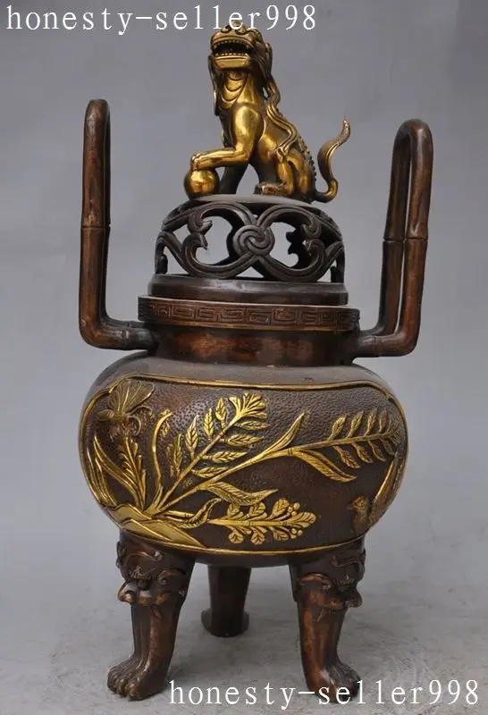 

Crafts statue chinese buddhism Bronze Gilt foo dog beast bird statue incense burner Censer halloween